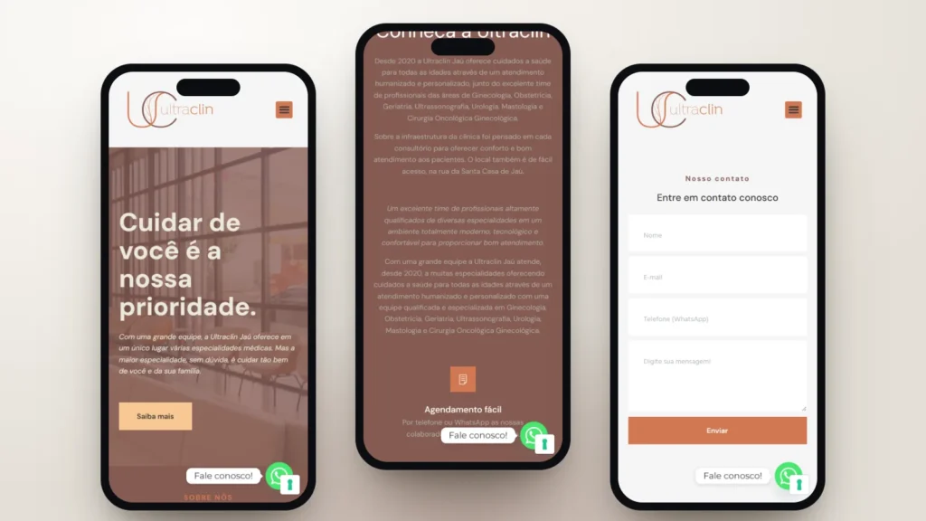 Captura do site de Ultraclin: Início, seção e página interna no celular