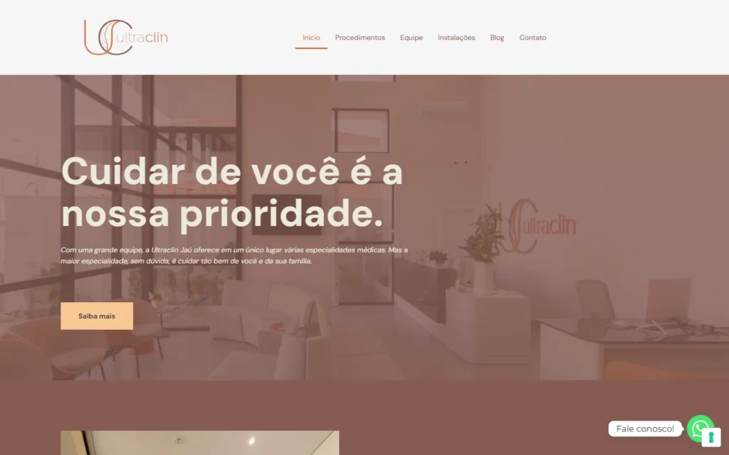 Captura do site de Ultraclin: Página inicial: cuidar de você é a nossa prioridade