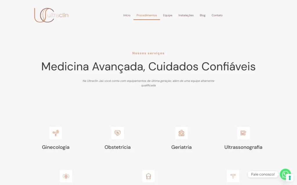 Captura do site de Ultraclin: Página Procedimentos: medicina avançada, cuidados confiáveis
