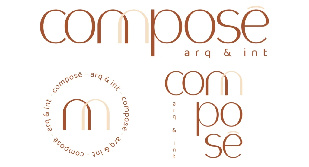 Logotipo Composê arq & int, símbolo de dois arcos e assinatura vertical sobre fundo branco.