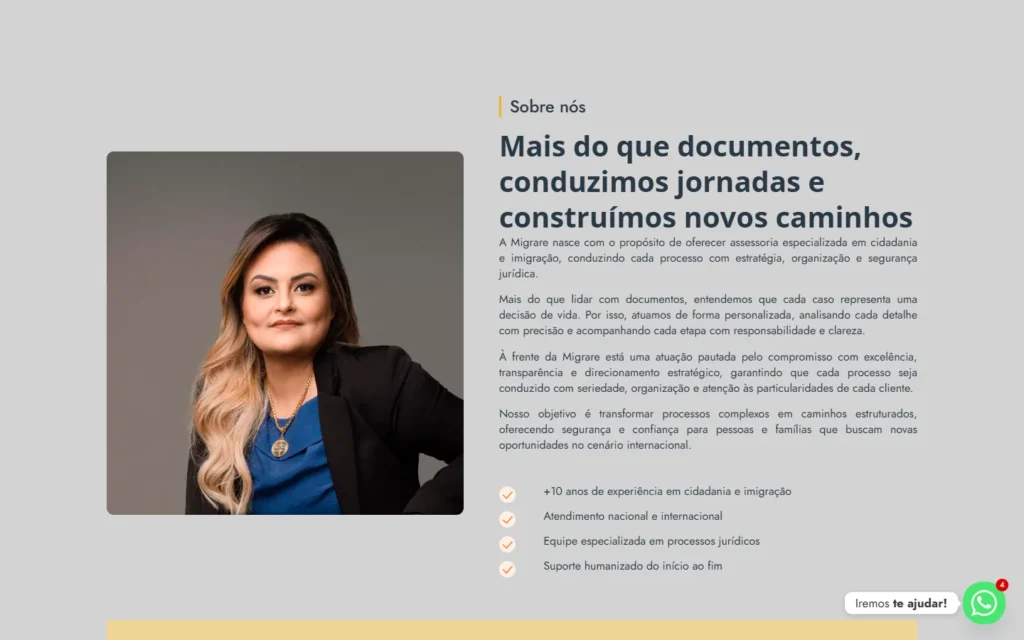 Captura do site de Migrare: Quem somos: a advogada à frente do escritório