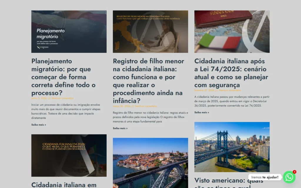 Captura do site de Migrare: Blog com atualizações jurídicas