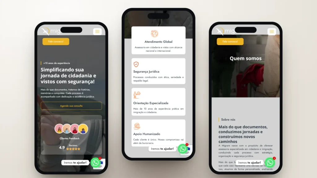 Captura do site de Migrare: Início, seção e página interna no celular