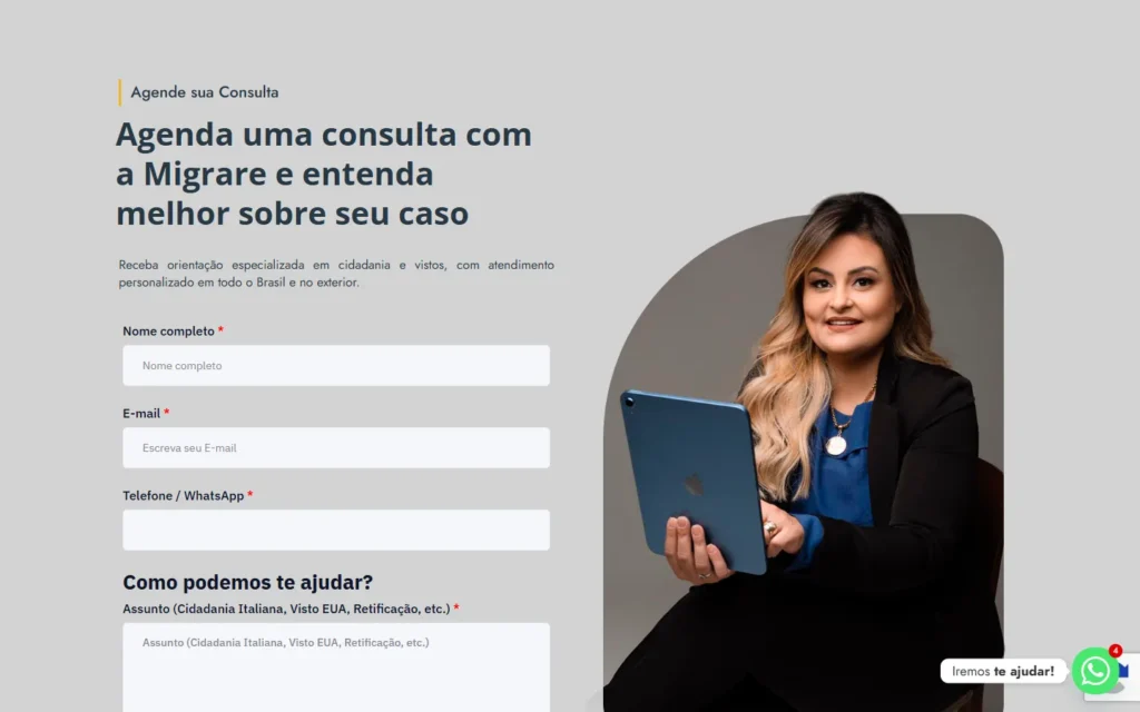 Captura do site de Migrare: Formulário de agendamento de consulta na home