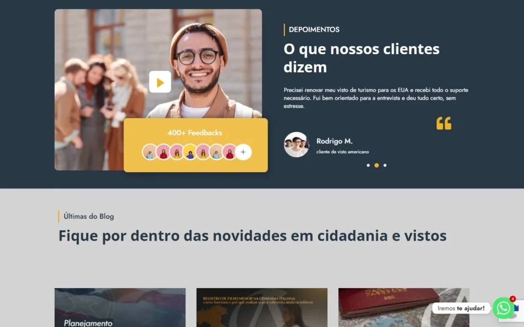 Captura do site de Migrare: Seção de depoimentos