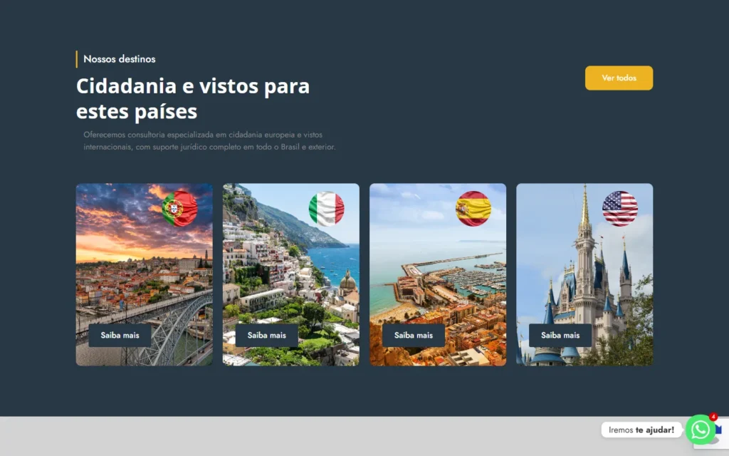Captura do site de Migrare: Seção Nossos destinos