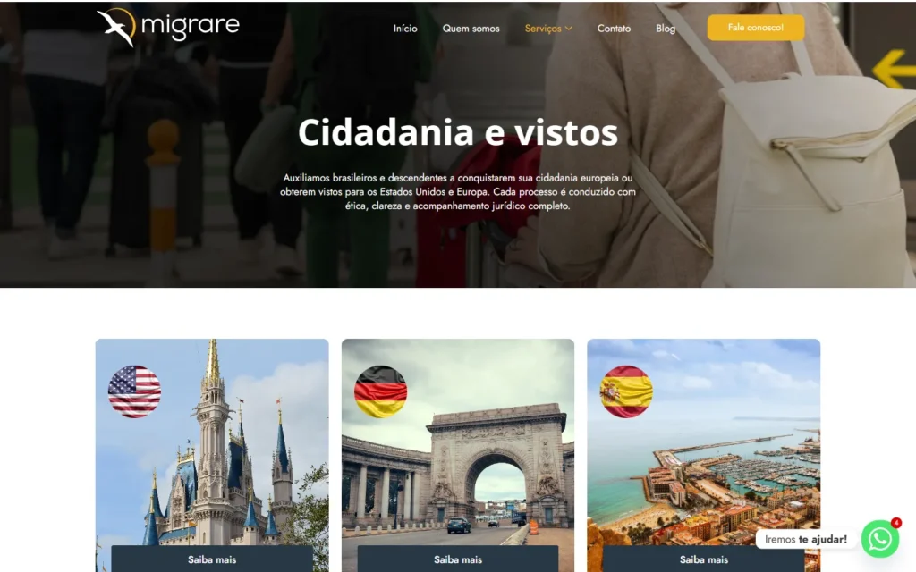 Captura do site de Migrare: Página Serviços: cidadania e vistos por país