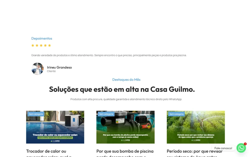 Captura do site de Casa Guilmo: Depoimentos e destaques do mês