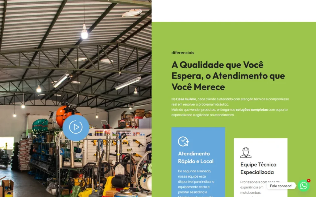 Captura do site de Casa Guilmo: Bloco de diferenciais, com vídeo da loja