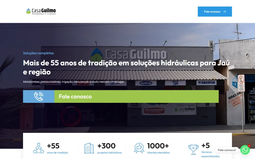 Captura do site de Casa Guilmo: Página inicial: mais de 55 anos em soluções hidráulicas