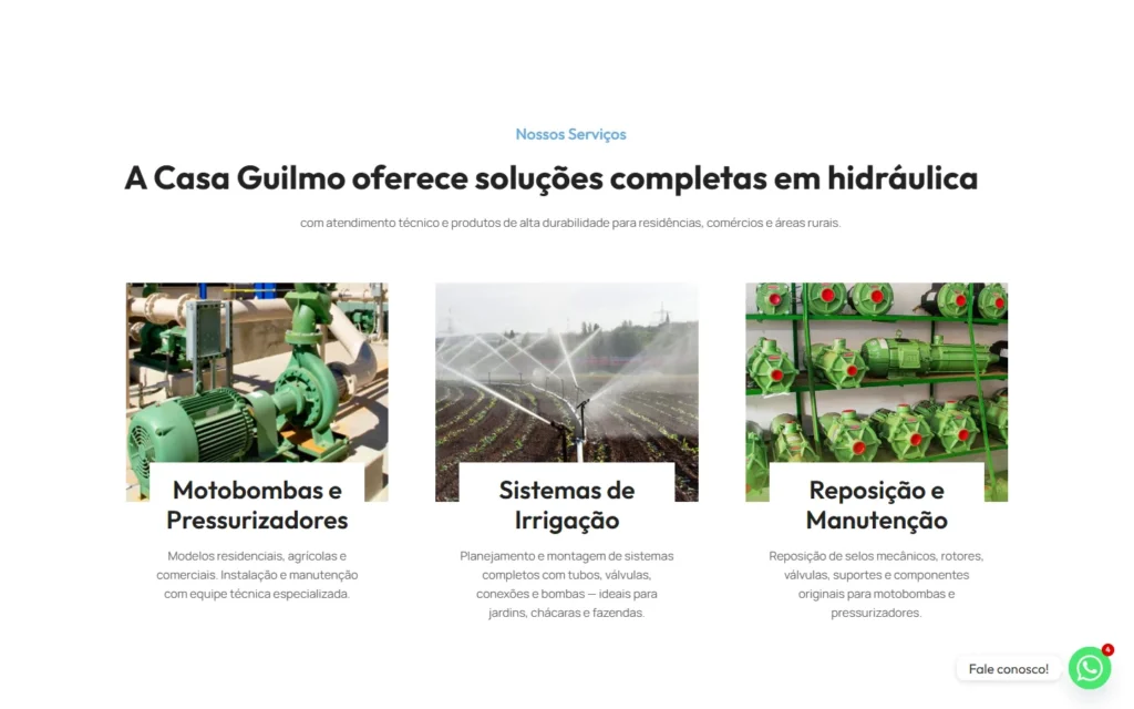 Captura do site de Casa Guilmo: Bloco Nossos serviços: motobombas, irrigação, reposição