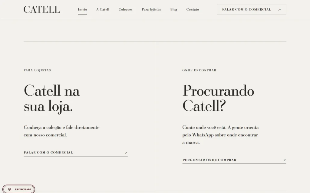 Captura do site de Catell: Caminhos de contato: para lojistas e onde encontrar