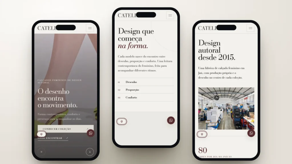 Captura do site de Catell: Início, seção e página interna no celular