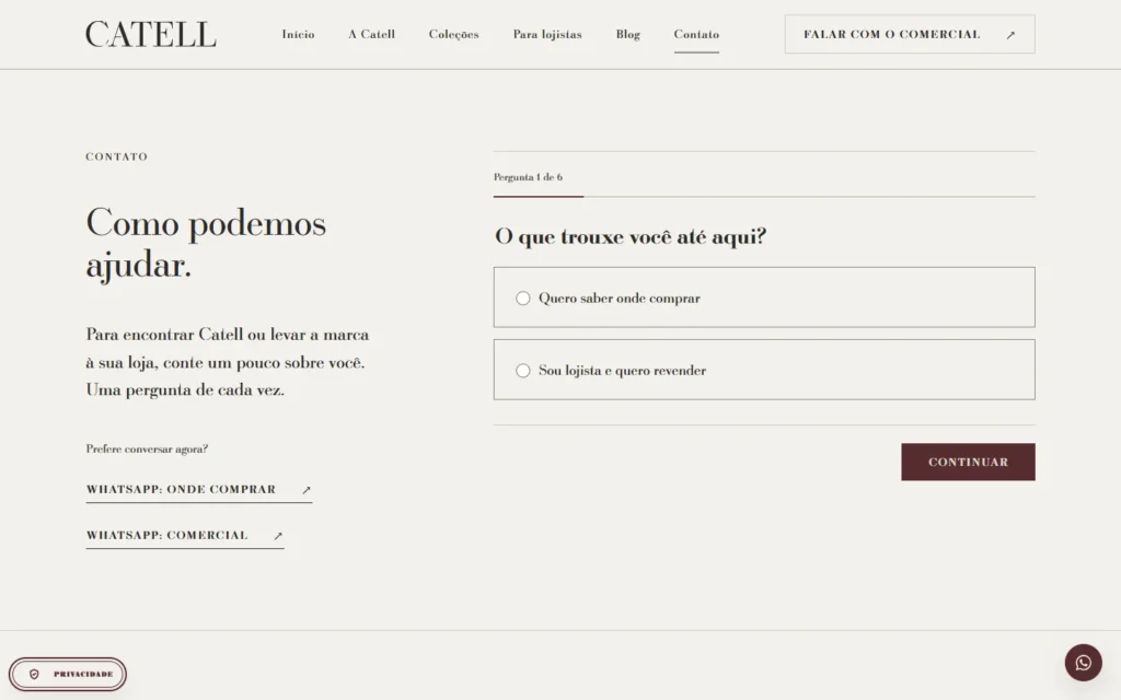 Captura do site de Catell: Contato em etapas: pergunta 1 de 6