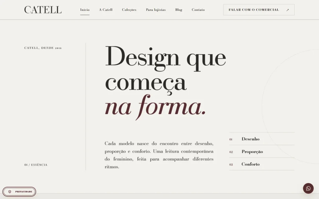 Captura do site de Catell: Seção Essência: design que começa na forma
