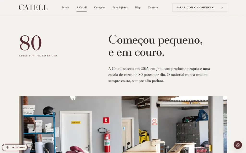 Captura do site de Catell: Quem somos: 80 pares por dia no início