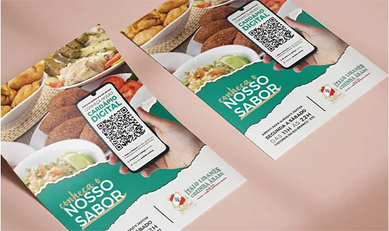 Panfletos do Ítalo Libanês Cozinha Árabe convidando o cliente a conhecer o cardápio digital por QR code