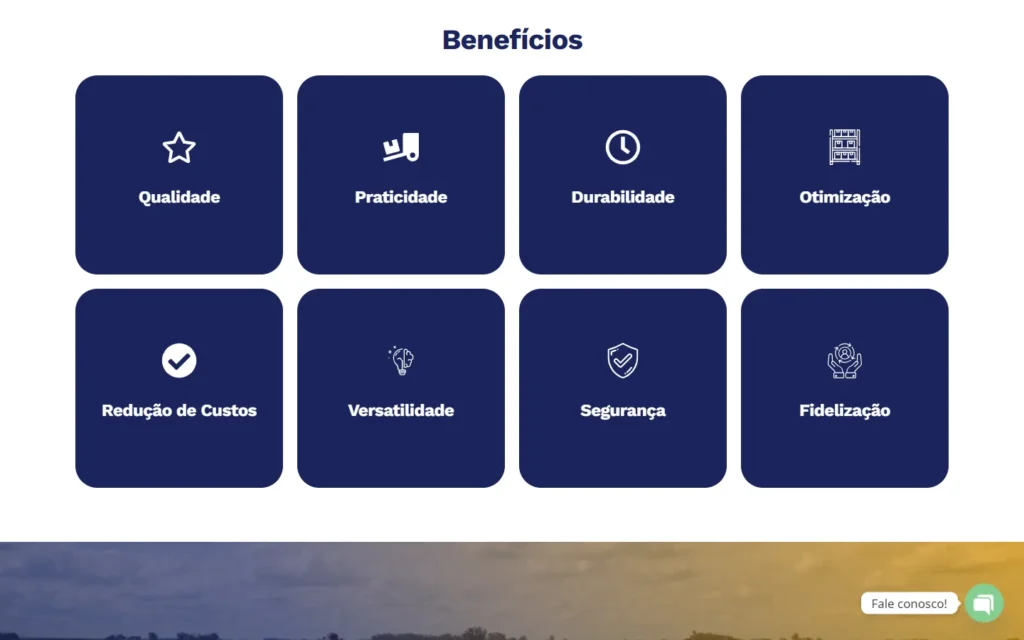 Captura do site de Conter Bag: Seção Benefícios, em oito cartões