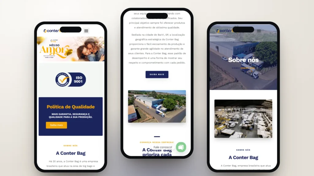 Captura do site de Conter Bag: Início, seção e página interna no celular