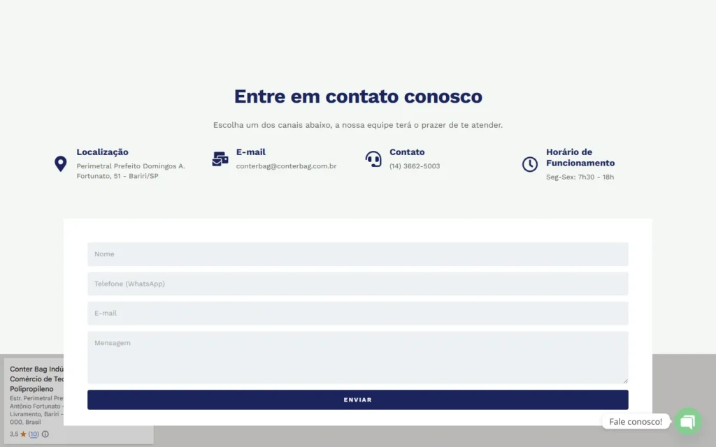 Captura do site de Conter Bag: Página Contato