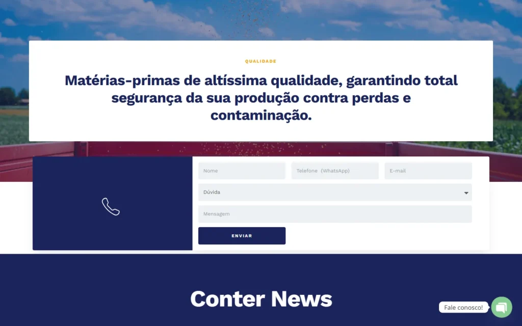 Captura do site de Conter Bag: Formulário de contato e abertura do Conter News