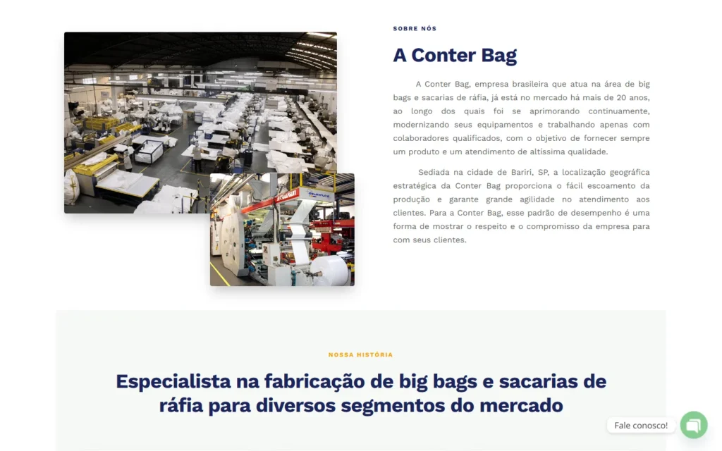Captura do site de Conter Bag: Sobre nós: especialista em big bags e sacarias