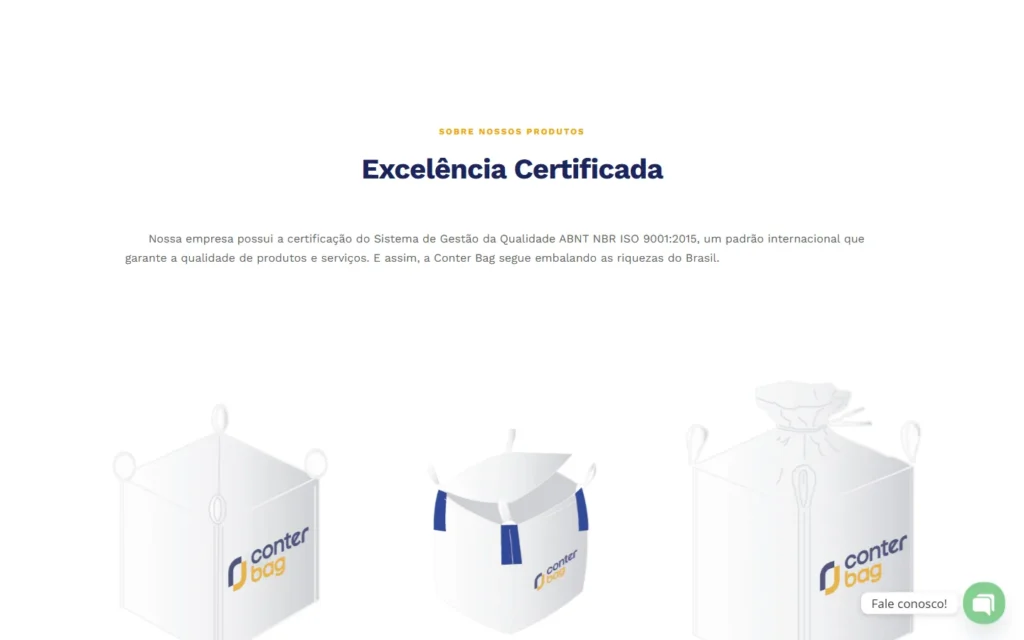 Captura do site de Conter Bag: Página Produtos: excelência certificada