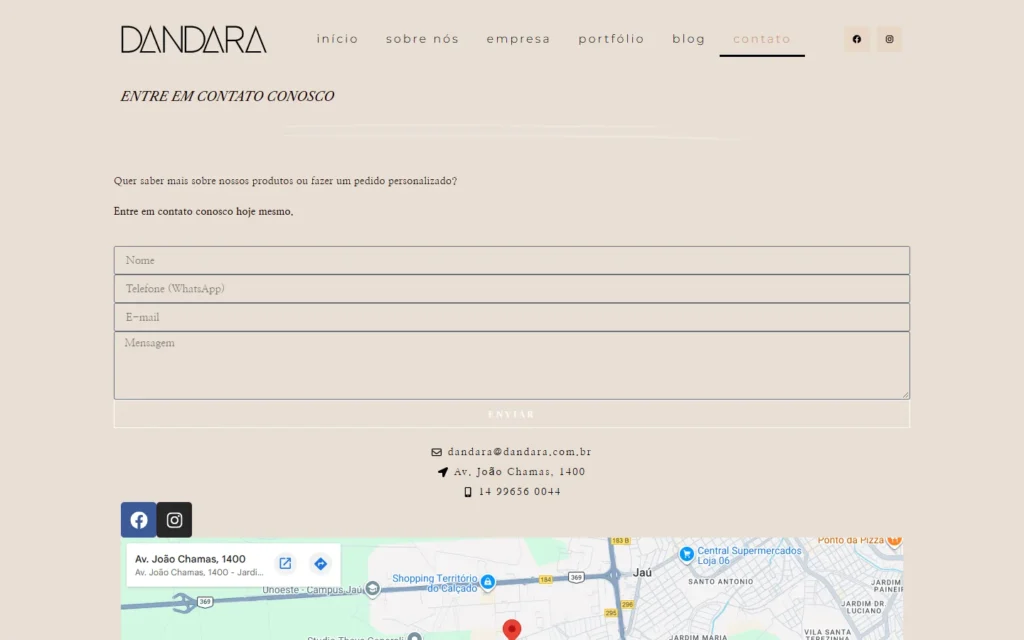 Captura do site de Dandara: Página Contato
