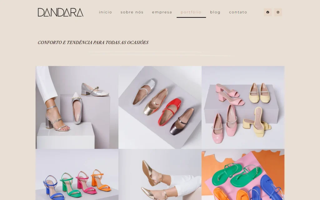 Captura do site de Dandara: Página Portfólio: conforto e tendência para todas as ocasiões