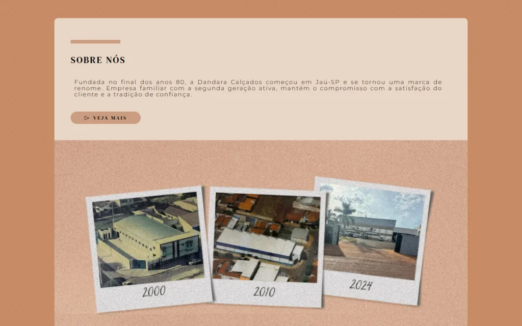 Captura do site de Dandara: Seção Sobre nós, com fotos da fábrica por década