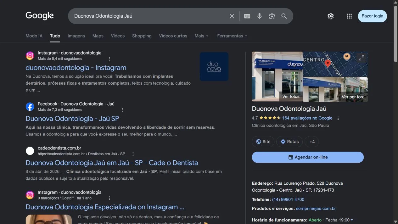 Busca e apresentação do perfil de Duonova Odontologia Jaú no Google. Captura real de 16/09/2026.