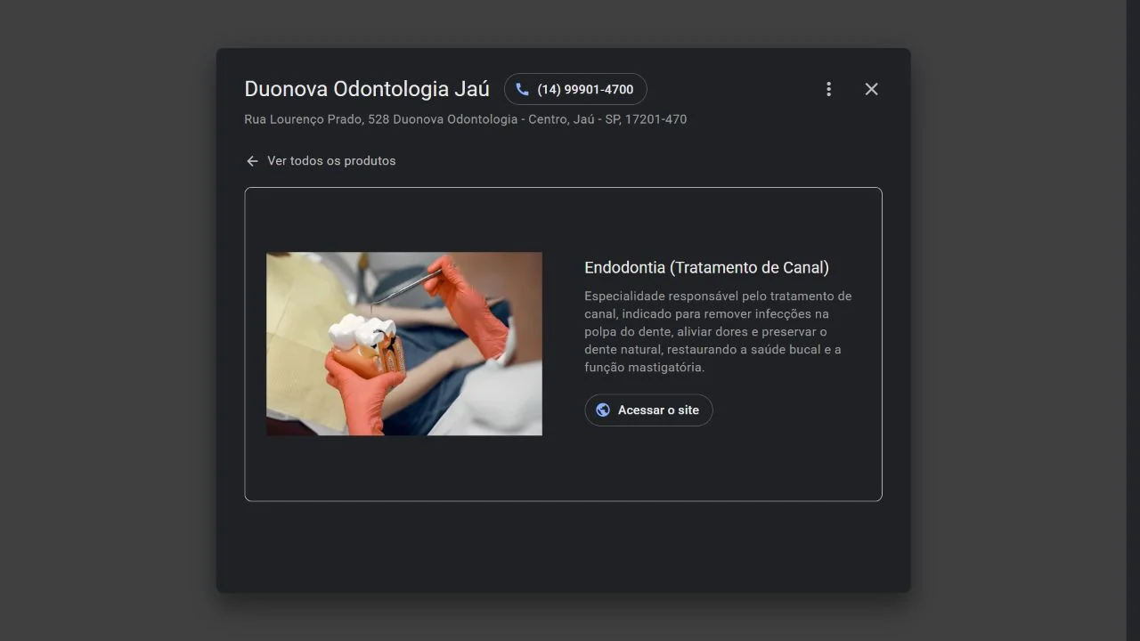 Ficha de Endodontia (Tratamento de Canal) de Duonova Odontologia Jaú no Google. Captura real de 16/09/2026.