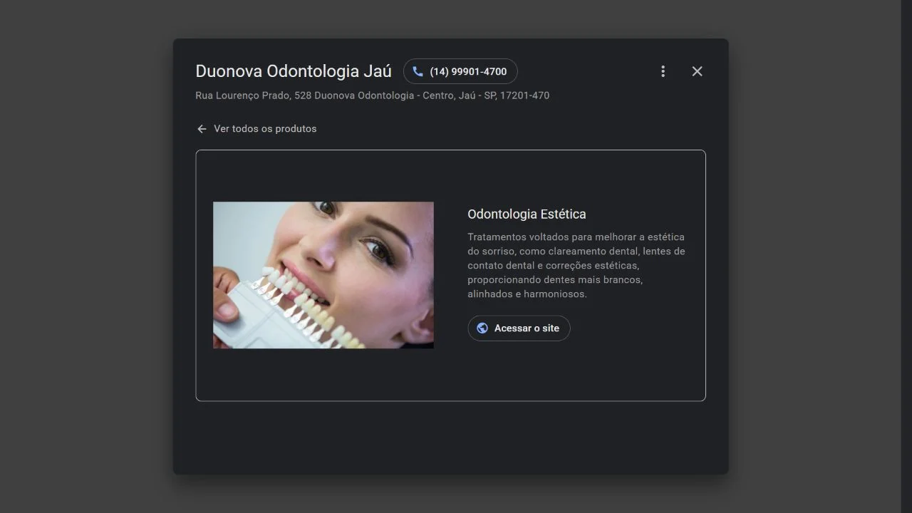 Ficha de Odontologia Estética de Duonova Odontologia Jaú no Google. Captura real de 16/09/2026.