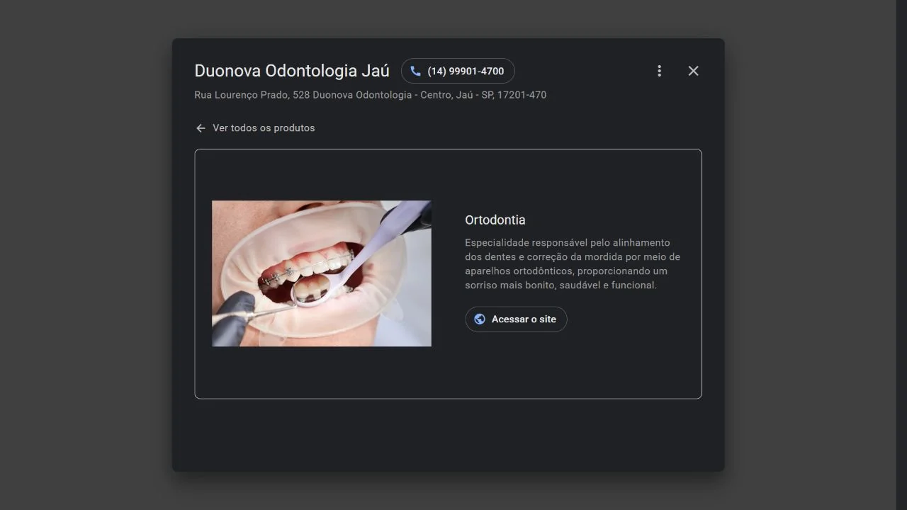 Ficha de Ortodontia de Duonova Odontologia Jaú no Google. Captura real de 16/09/2026.