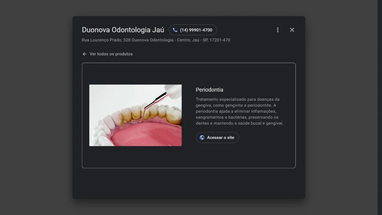 Ficha de Periodontia de Duonova Odontologia Jaú no Google. Captura real de 16/09/2026.