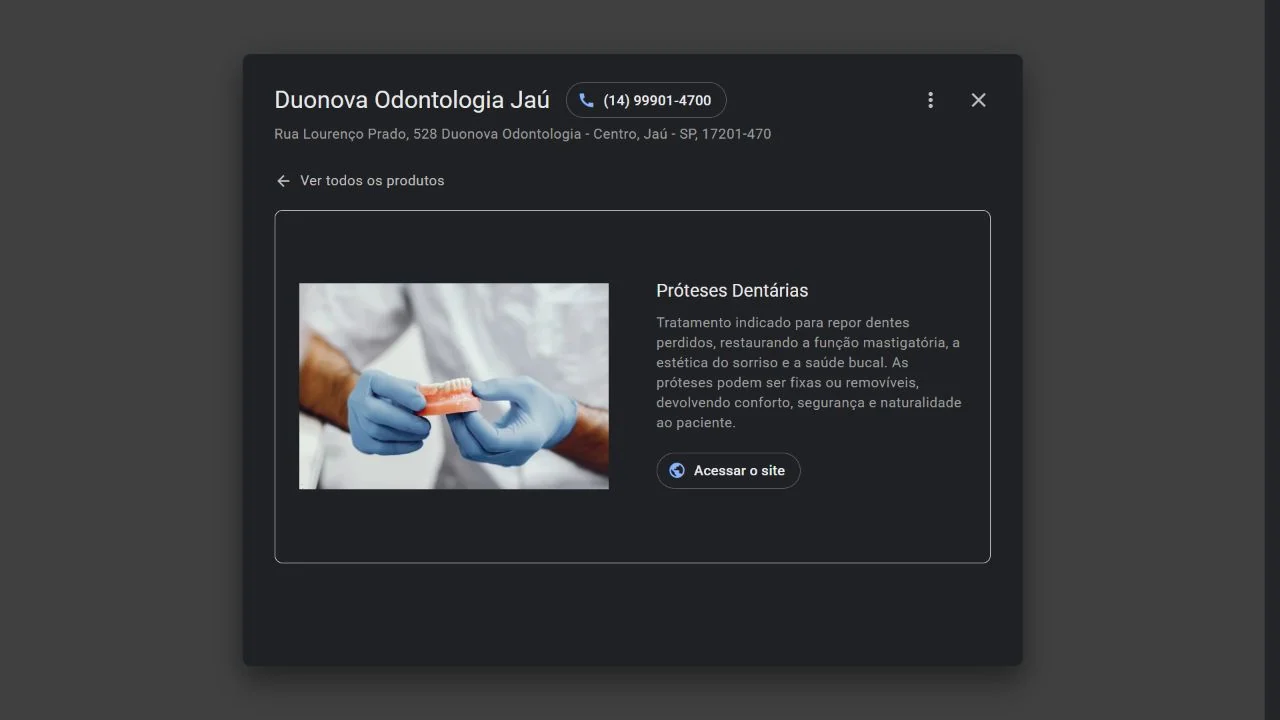 Ficha de Próteses Dentárias de Duonova Odontologia Jaú no Google. Captura real de 16/09/2026.