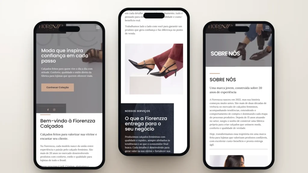 Captura do site de Fiorenzza Calçados: Início, seção e página interna no celular