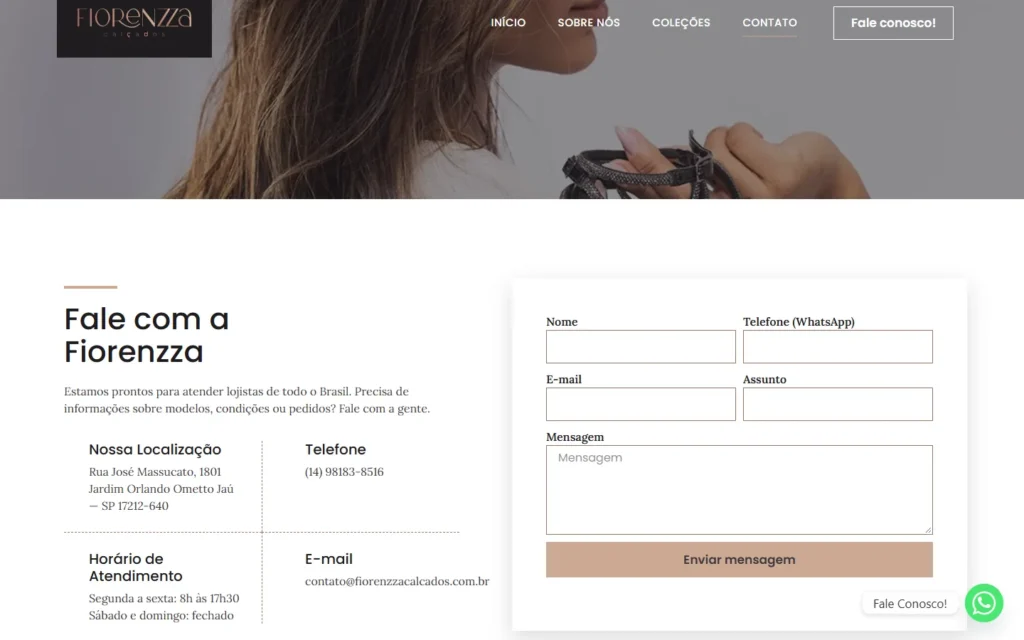 Captura do site de Fiorenzza Calçados: Página Contato
