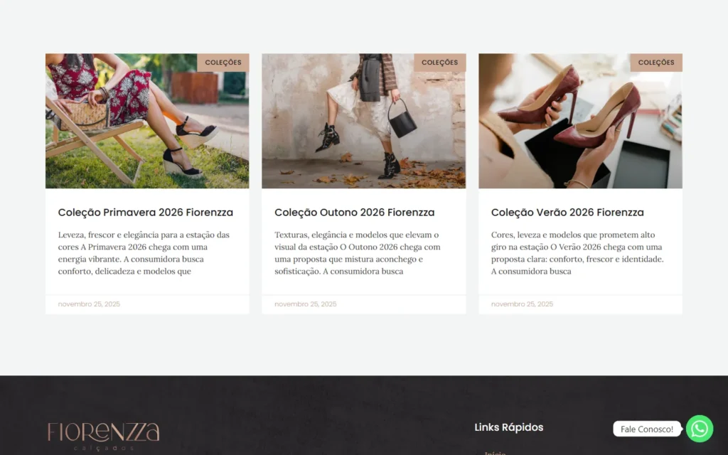 Captura do site de Fiorenzza Calçados: Coleções Primavera, Outono e Verão 2026