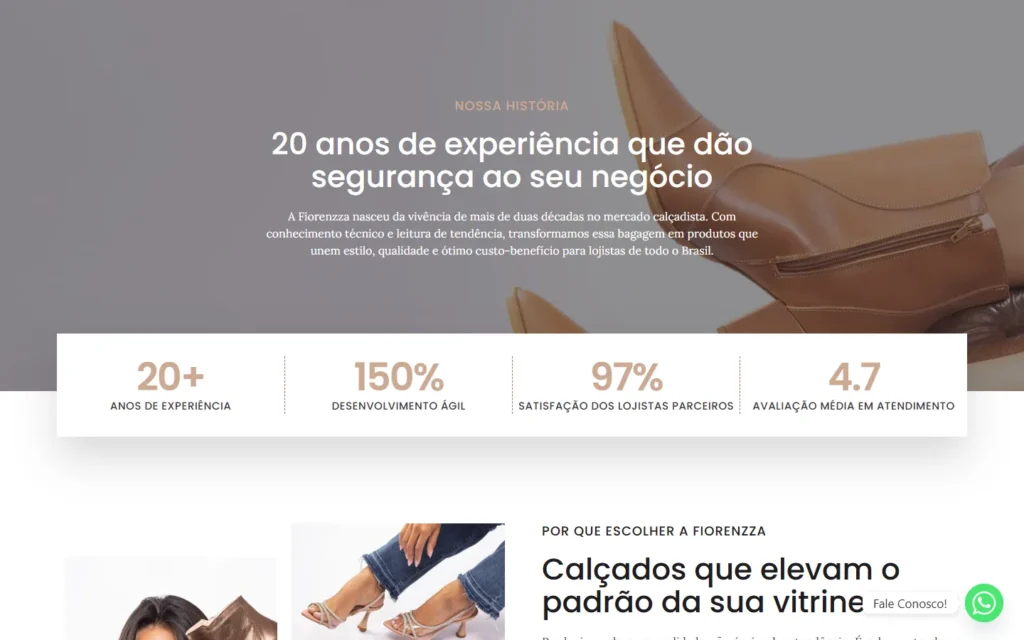 Captura do site de Fiorenzza Calçados: Seção Nossa história, com os números da fábrica