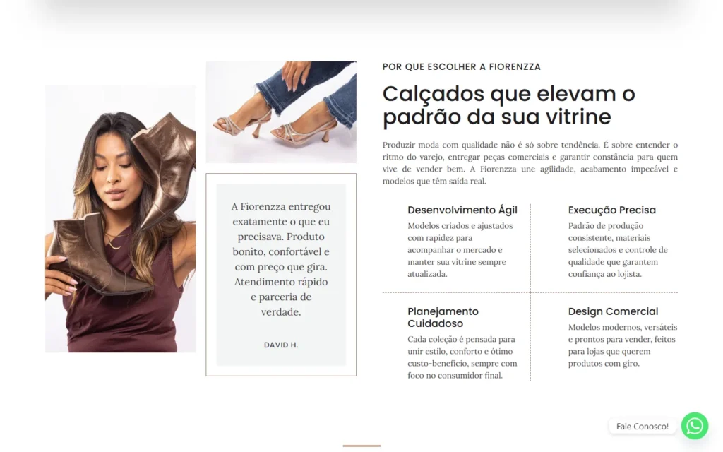 Captura do site de Fiorenzza Calçados: Seção Por que escolher a Fiorenzza