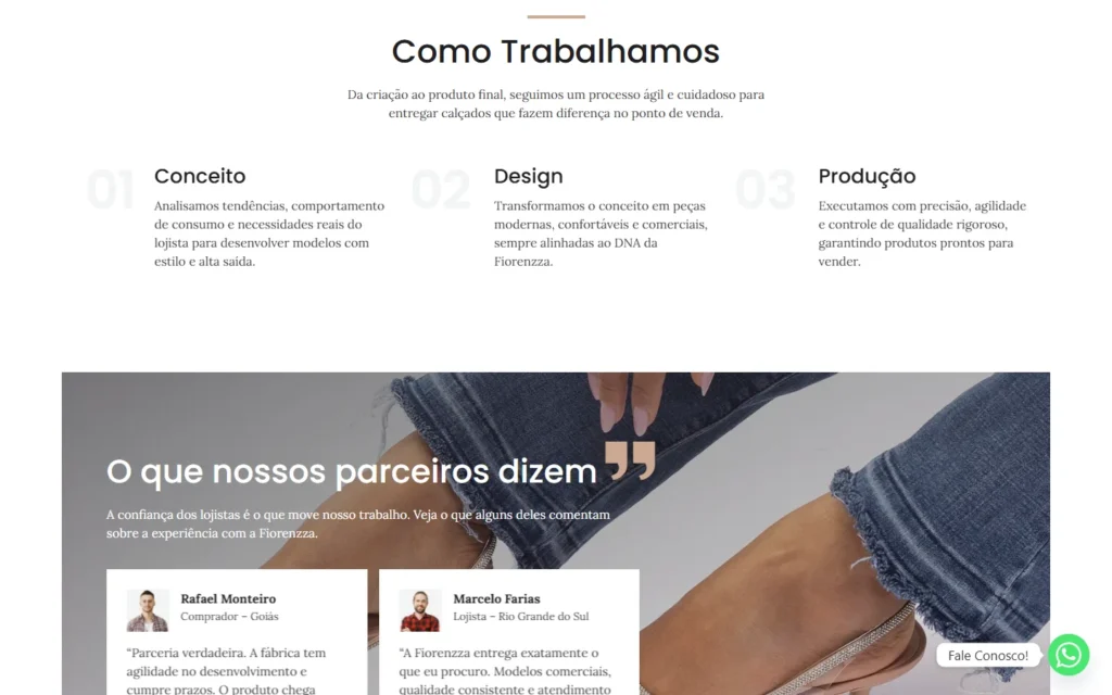 Captura do site de Fiorenzza Calçados: Seção Como trabalhamos: conceito, design e produção