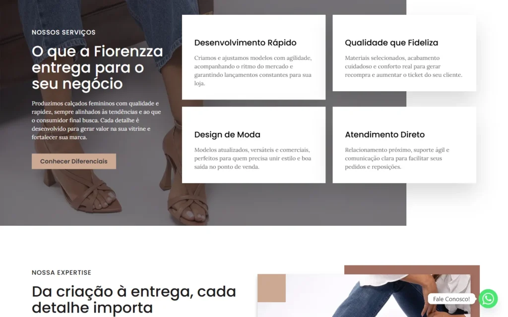 Captura do site de Fiorenzza Calçados: Seção O que a Fiorenzza entrega para o seu negócio