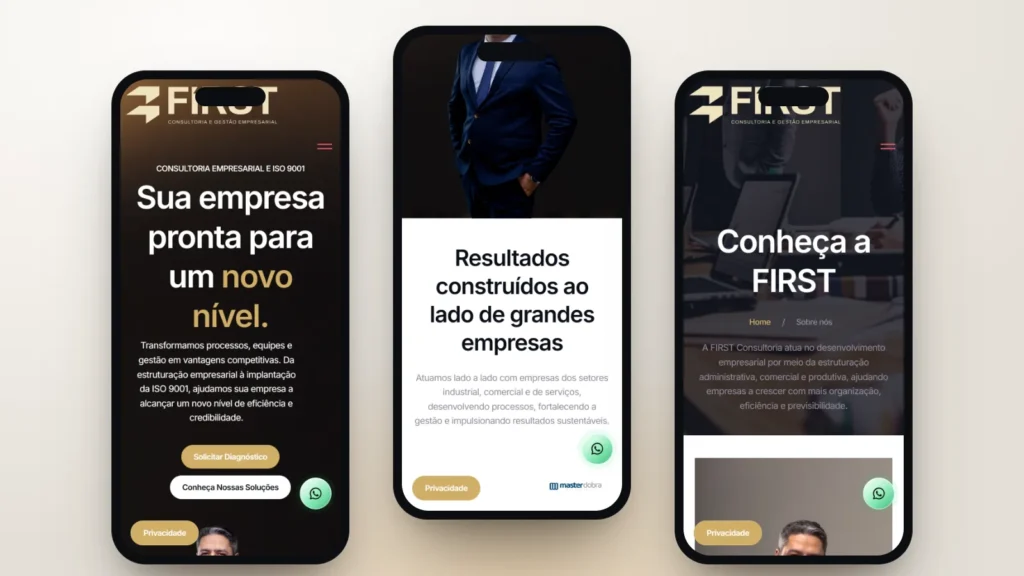 Captura do site de FIRST Consultoria: Início, seção e página interna no celular