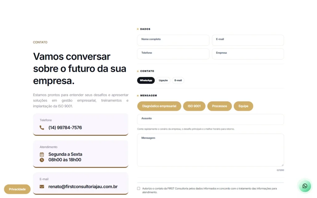 Captura do site de FIRST Consultoria: Contato: formulário por assunto e canal de retorno