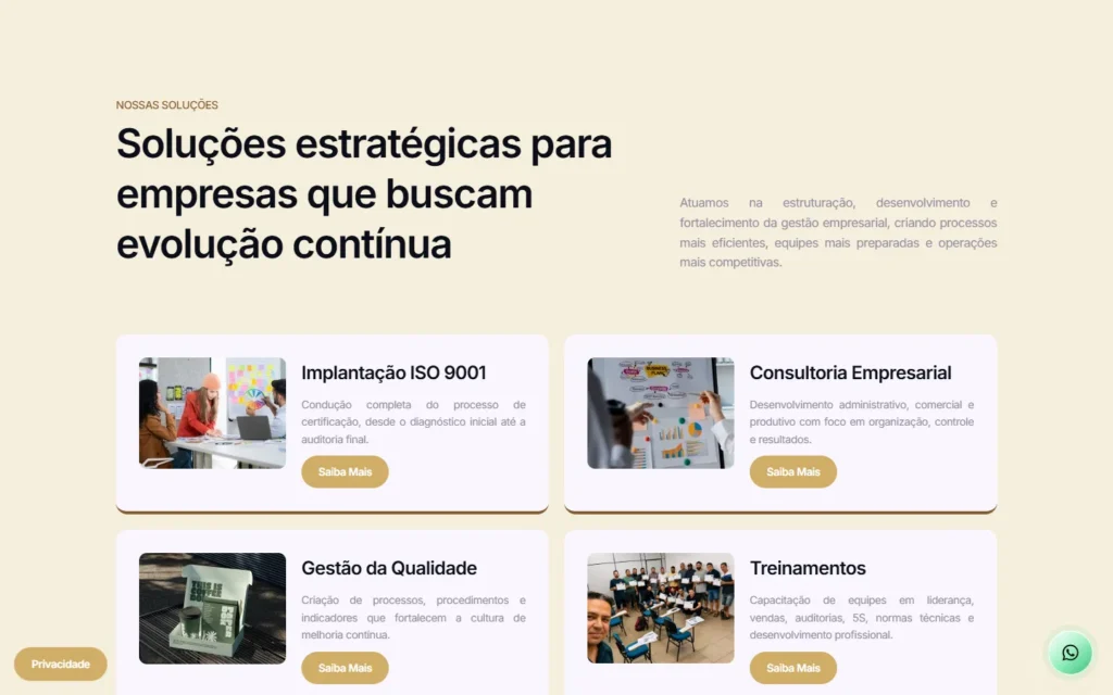 Captura do site de FIRST Consultoria: Seção Nossas soluções: quatro frentes de consultoria