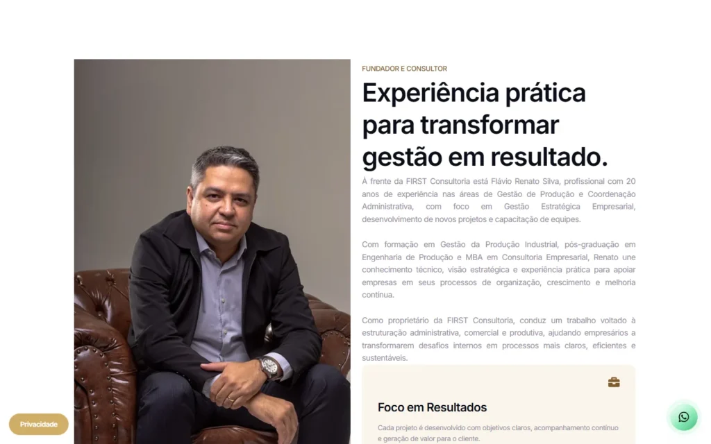 Captura do site de FIRST Consultoria: Sobre nós: fundador e consultor
