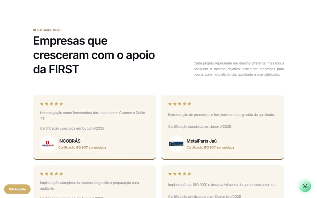 Captura do site de FIRST Consultoria: Seção Resultados reais: empresas certificadas, com data