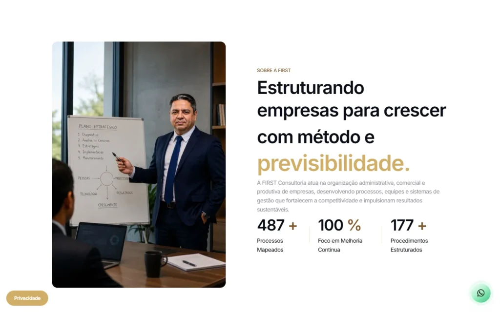 Captura do site de FIRST Consultoria: Seção Sobre a FIRST, com os números de processos e procedimentos