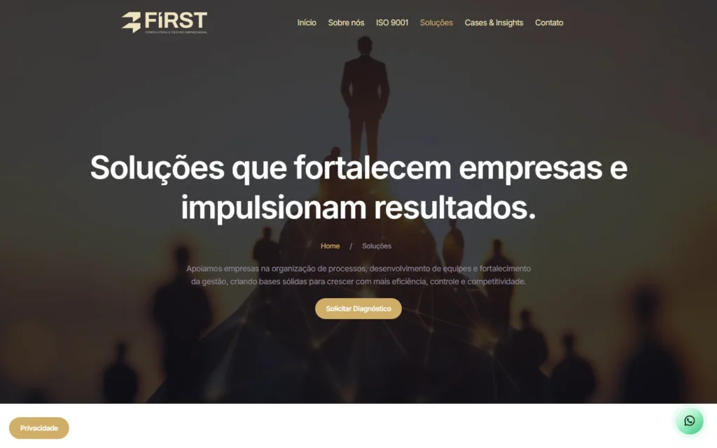 Captura do site de FIRST Consultoria: Página Soluções